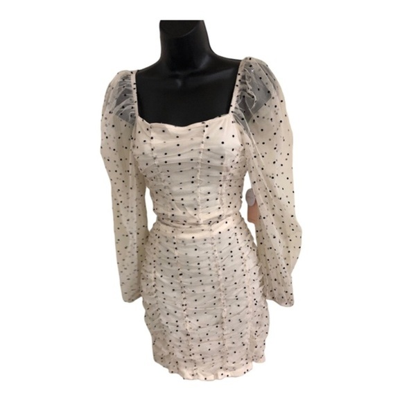 Cream 2pc polka dot chiffon tulle tufted sheer sleeve blouse &‎ skirt set size L - Picture 9 of 17